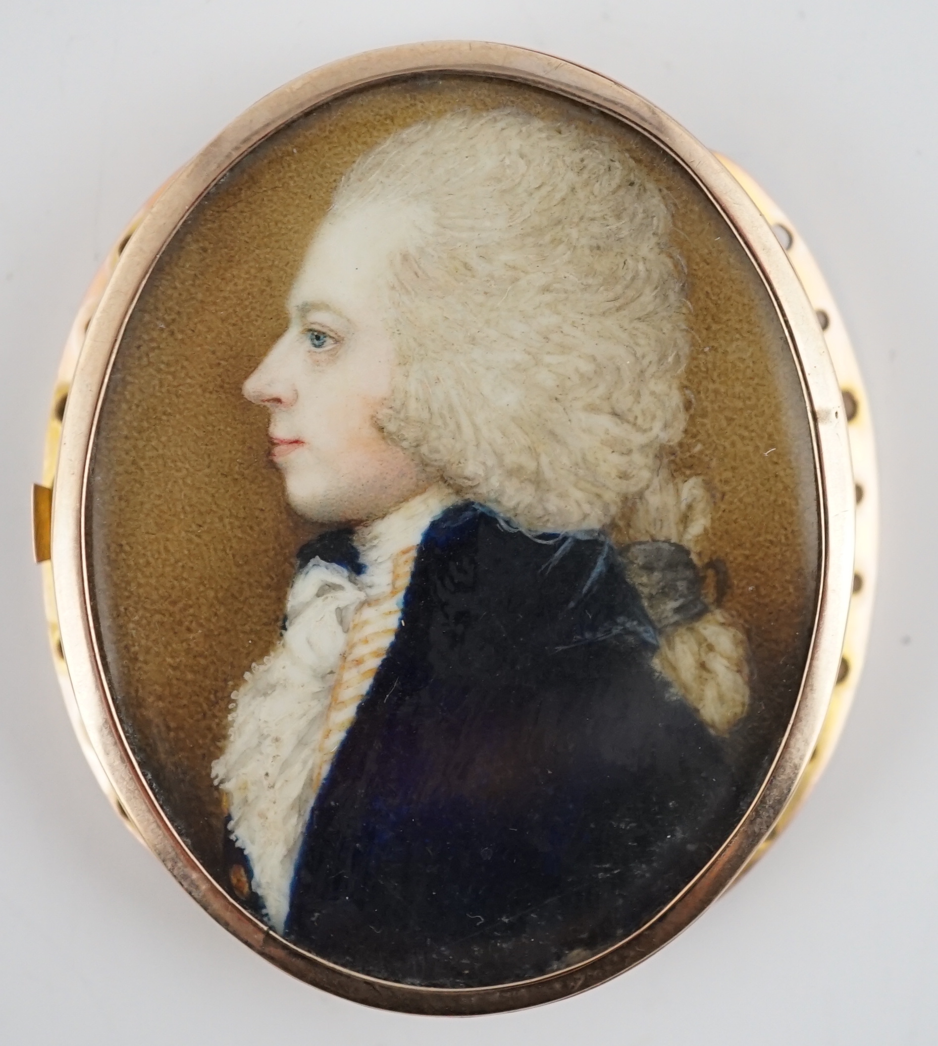 Jeremiah Meyer, R.A. (Anglo-German, 1735-1789), Portrait miniature of a gentleman, oil on ivory, 3.8 x 3cm. CITES Submission reference AQZAA8YP
